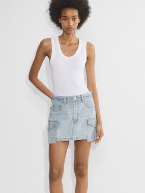 Denim Forum Light Blue Denim Mini Skirt with Tan Leather Patch